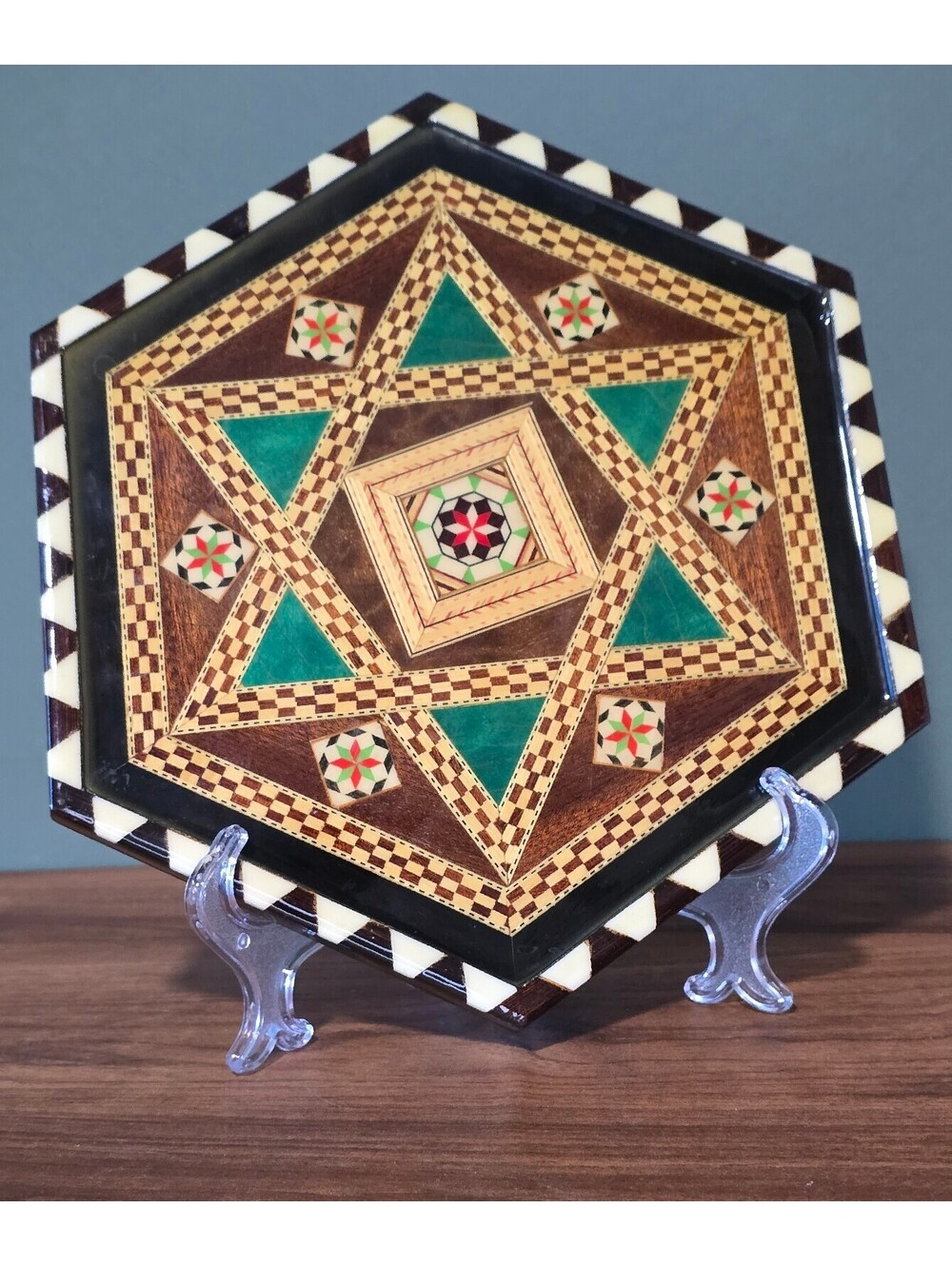 Vintage Hexagon Inlay Marquetry Decorative Plate Mosaic Tray
